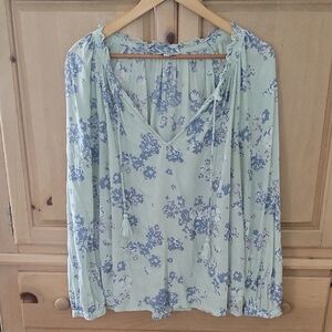 Lucky Brand Light Blue Floral Tie-Front Peasant Blouse